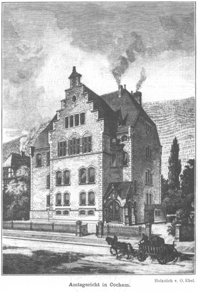 Holzstich von O. Ebel zeigt das Amtsgericht Cochem um 1891